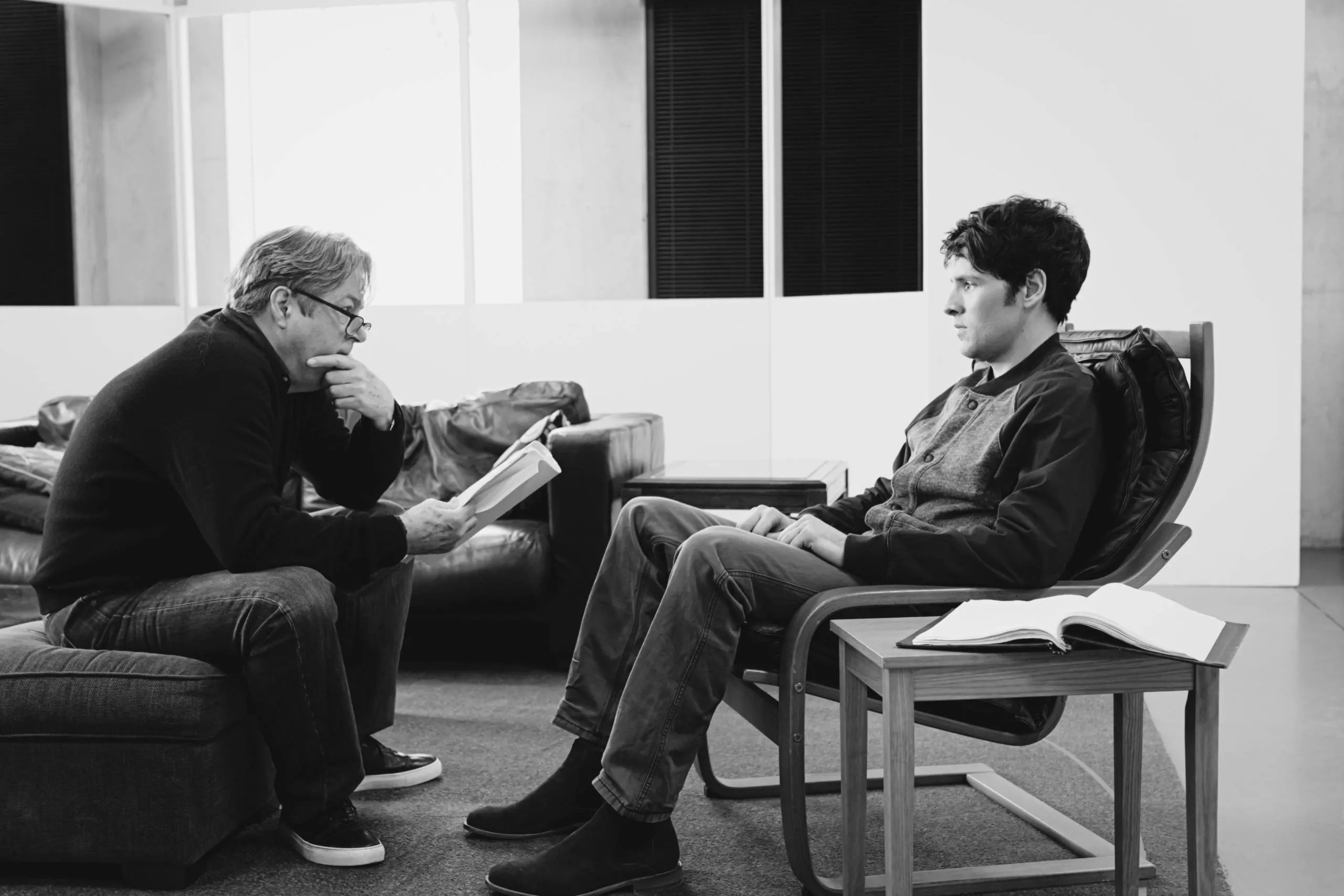 Roger Allam as Salter and Colin Morgan as Bernard in A Number