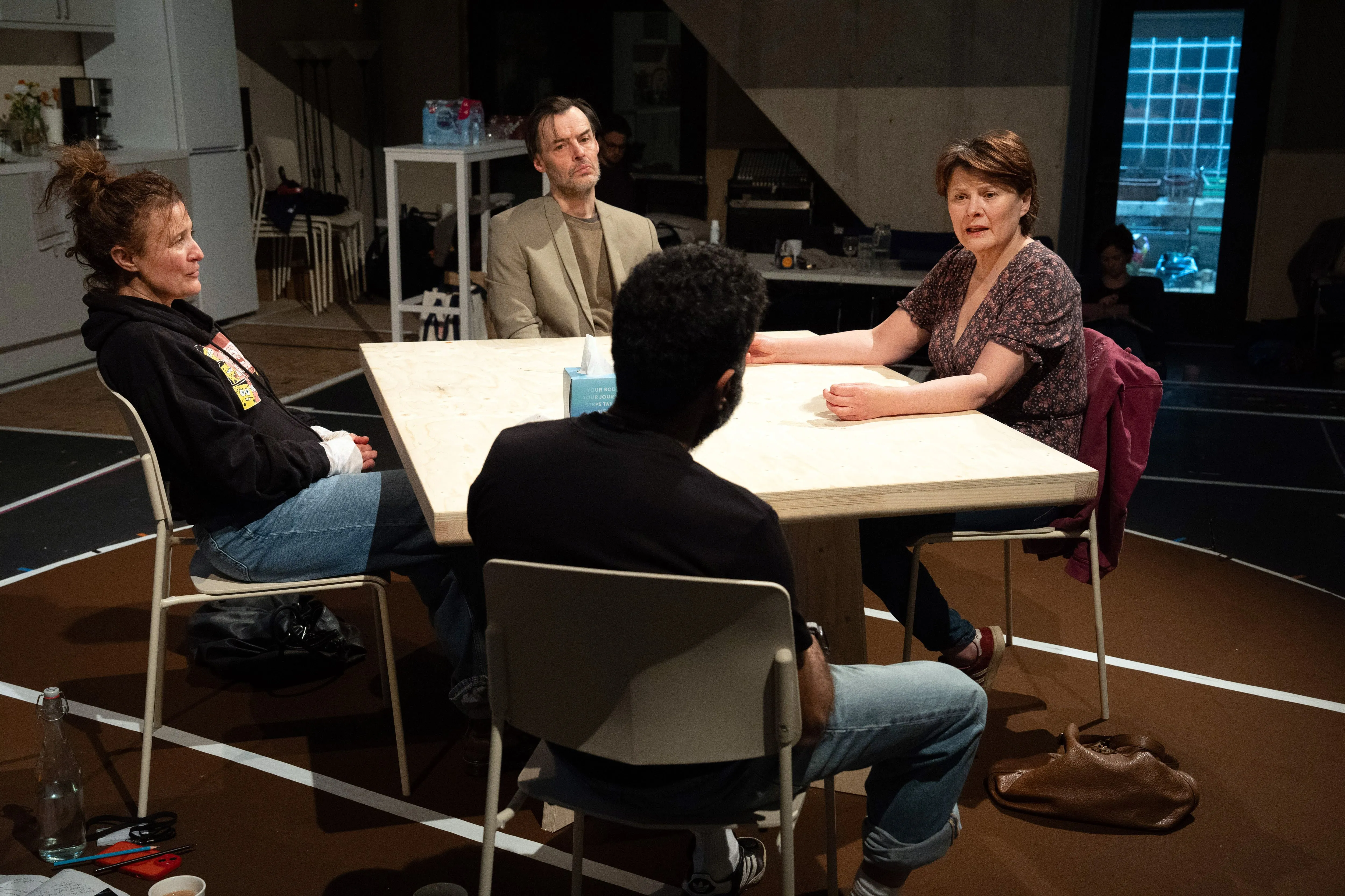 Lyndsey Marshal, Paul Hilton, Monica Dolan and Adeel Akhtar in rehearsal
