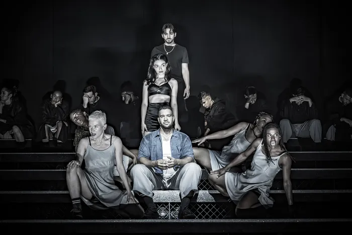 Rachel Zegler as Eva Perón with full cast in rehearsal, Evita at the London Palladium