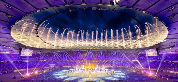 Pyrotechnic display over Jaber Al-Ahmad International Stadium during the 26th Arabian Gulf Cup opening ceremony